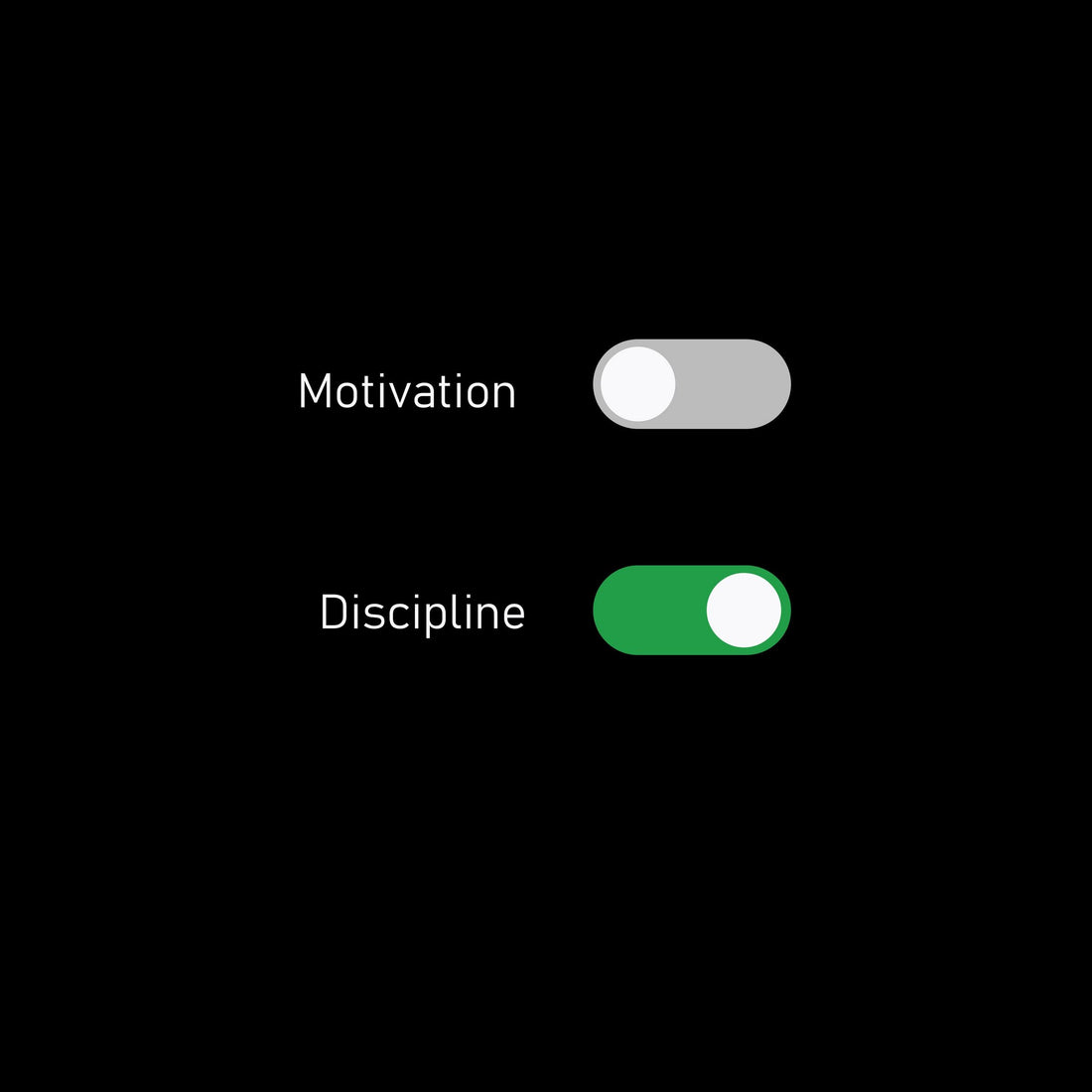 A black background showing two toggle switches: “Motivation” switched off and “Discipline” switched on in green, symbolizing choosing discipline over motivation.